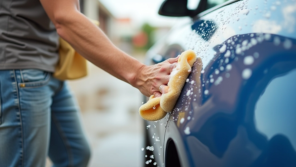 Car being washed with foam and microfiber mitt, showing proper washing technique on a freshly repaired panel