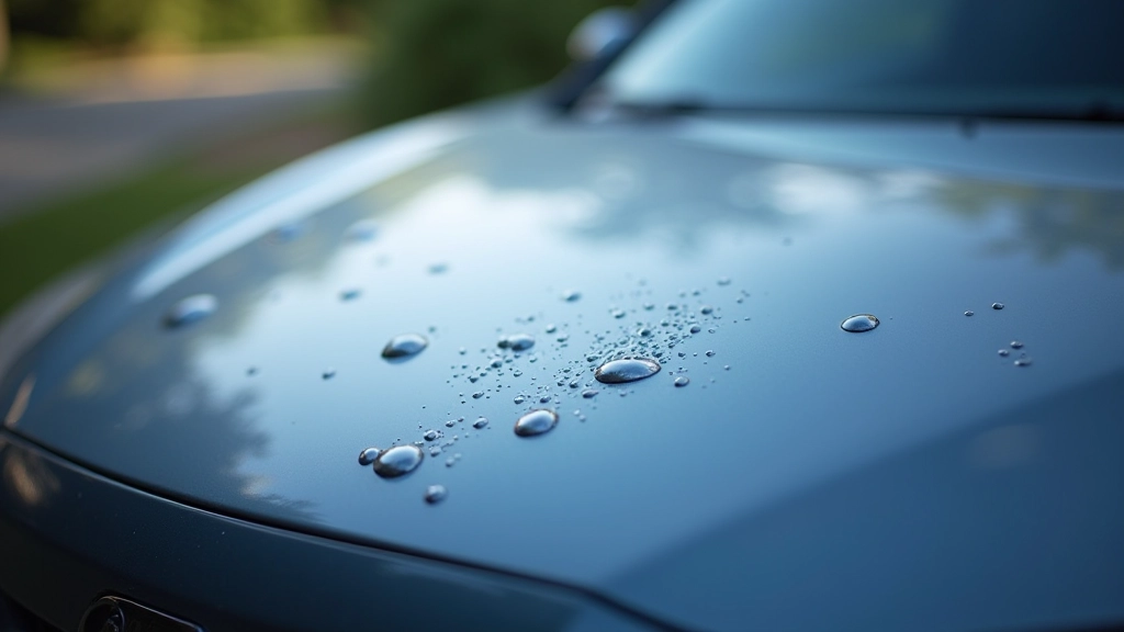 Close-up detail of multiple small hail dents on car hood with clear indentation patterns visible