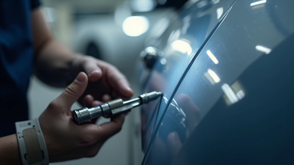 Detailed view of paintless dent repair technique using specialized tools