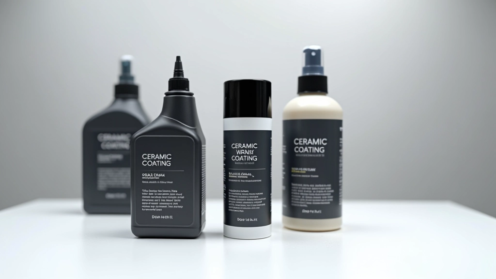 Different paint protection products displayed on a table including ceramic coating, wax, sealant bottles with labels clearly visible
