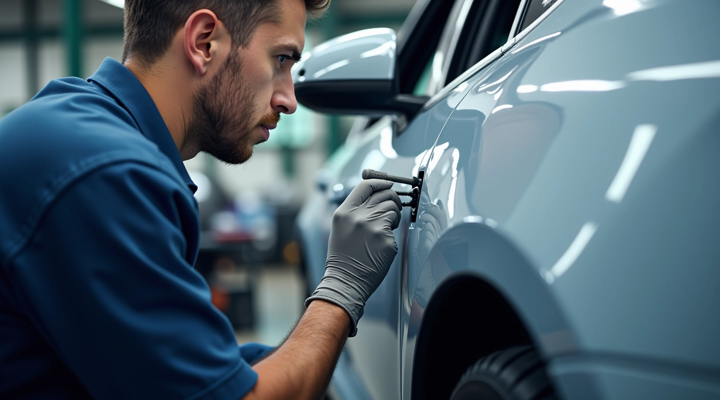 Skilled technician performing paintless dent repair on vehicle exterior