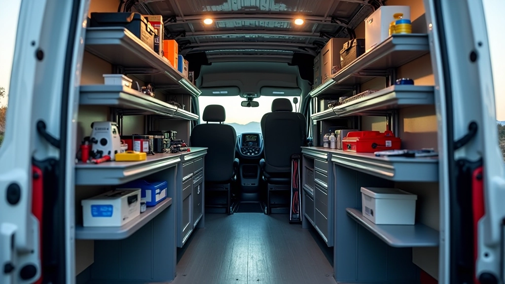 Mobile repair equipment van interior showing organized tool storage and portable work station