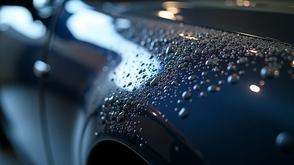 Car paint protection coating being applied, showing glossy finish and water beading on vehicle surface